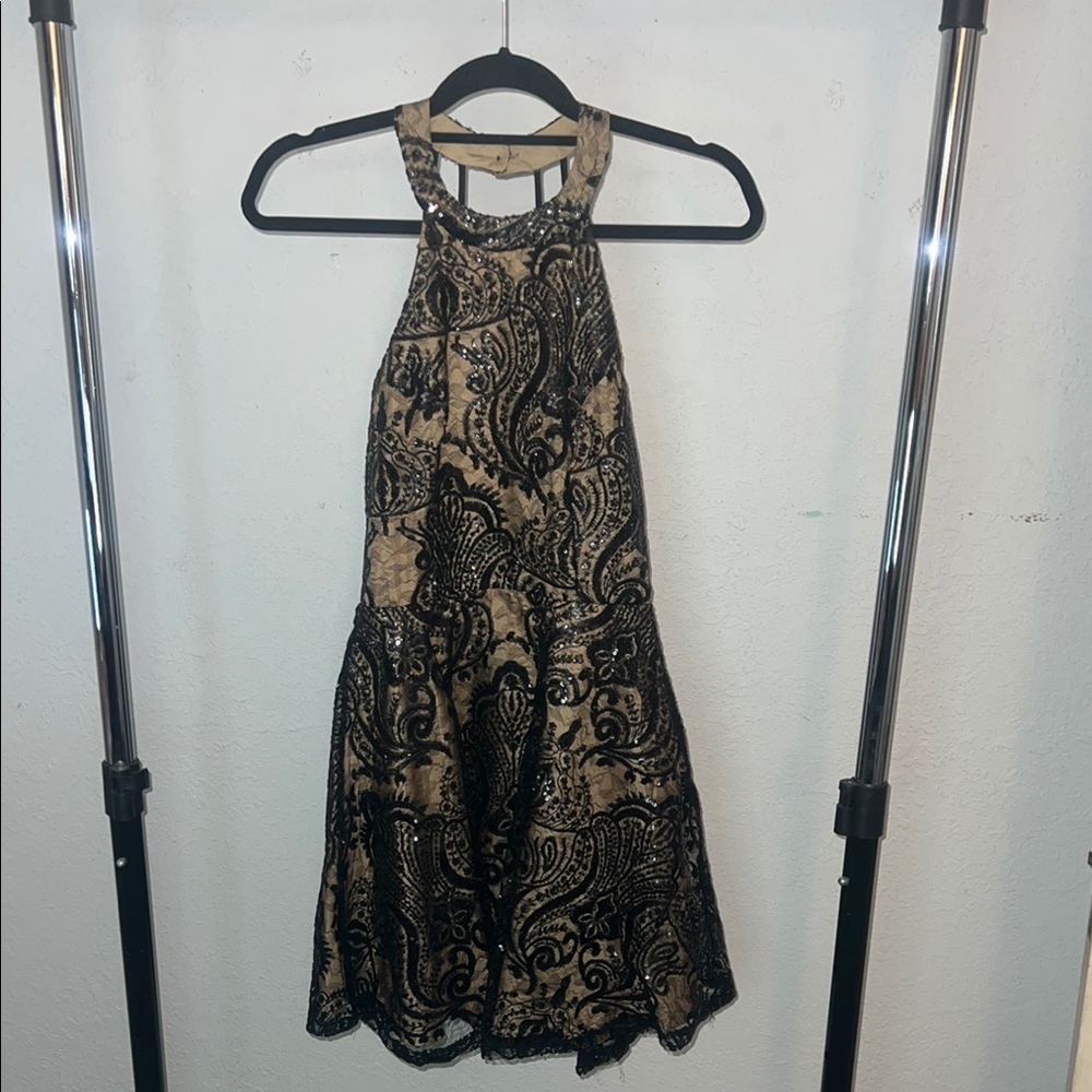 Windsor Black and Gold A-line Mini Dress with Halter Neckline for Cocktail